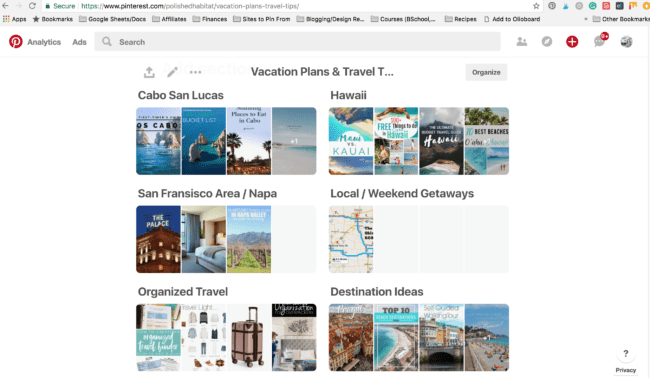 Vacation board broken down by destination on Pinterest