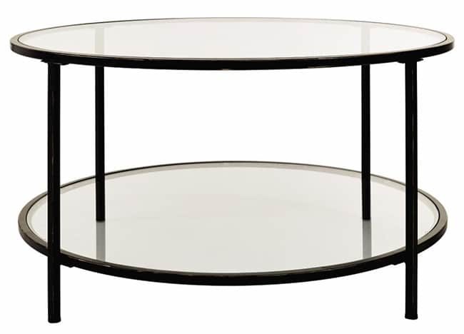 Round glass coffee table with storage shelf