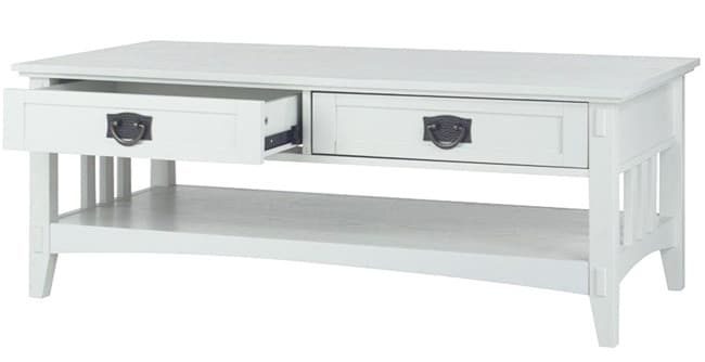 White coffee table with storage drawers. 