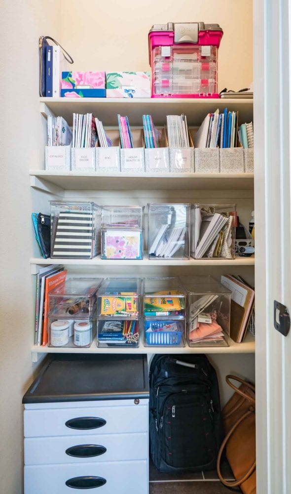 How to Organize a Home Office - This organized closet holds office supplies, magazines, and even a file cabinet!