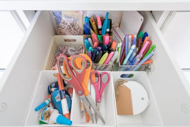 Inside an organized office drawer