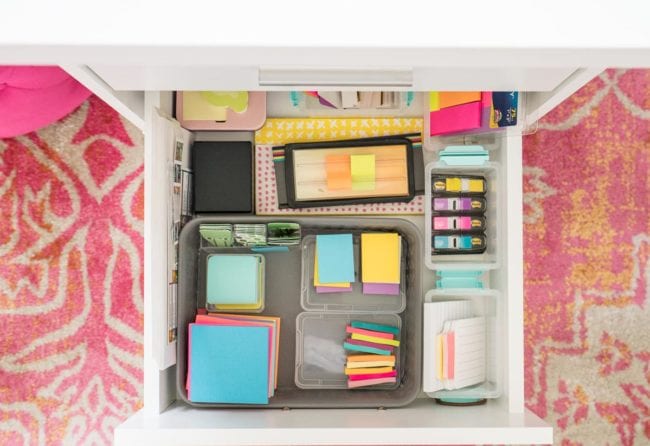 Post it note organization in desk drawer