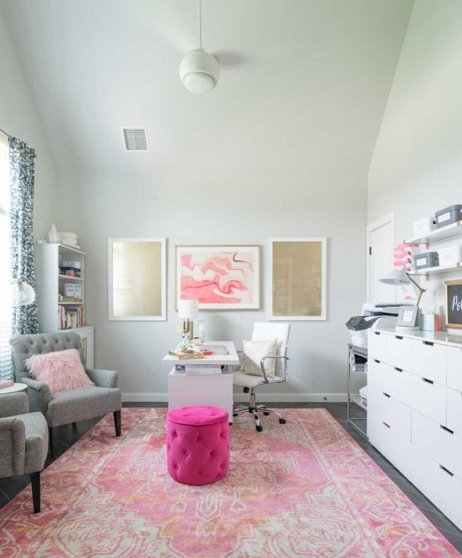 Pink and white office - tons of organization and storage!
