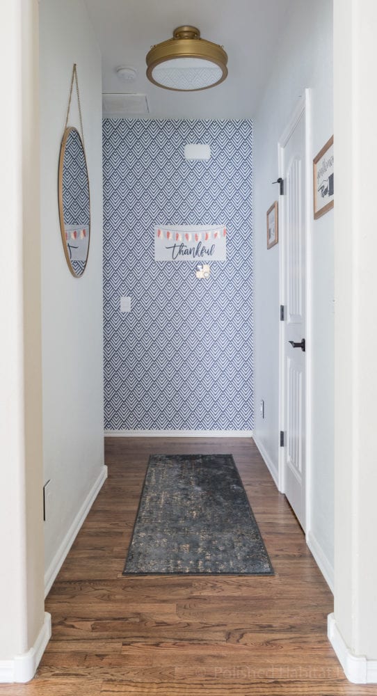 Navy temporary wallpaper used as an accent wall - part of fall home tour