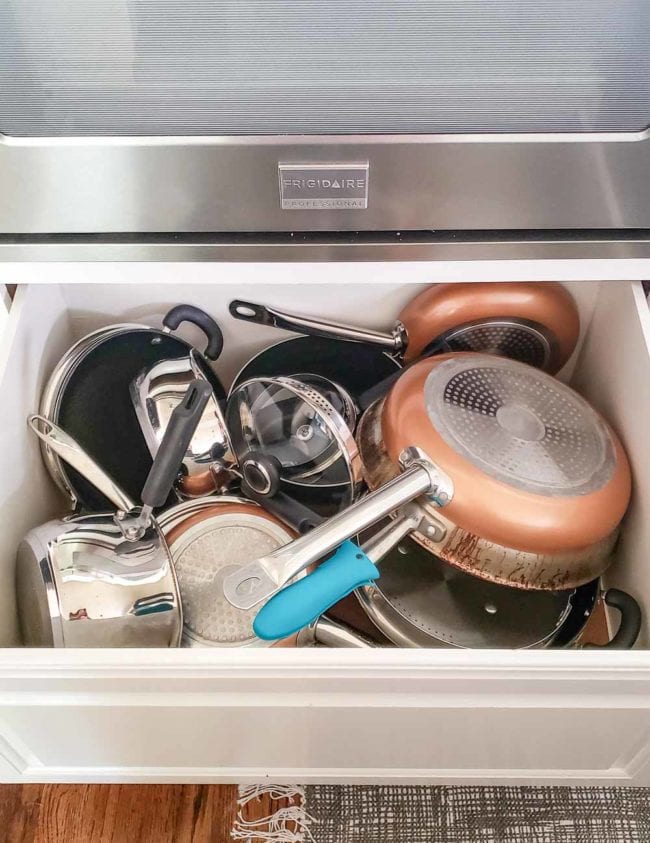 Messy pot and pan drawer