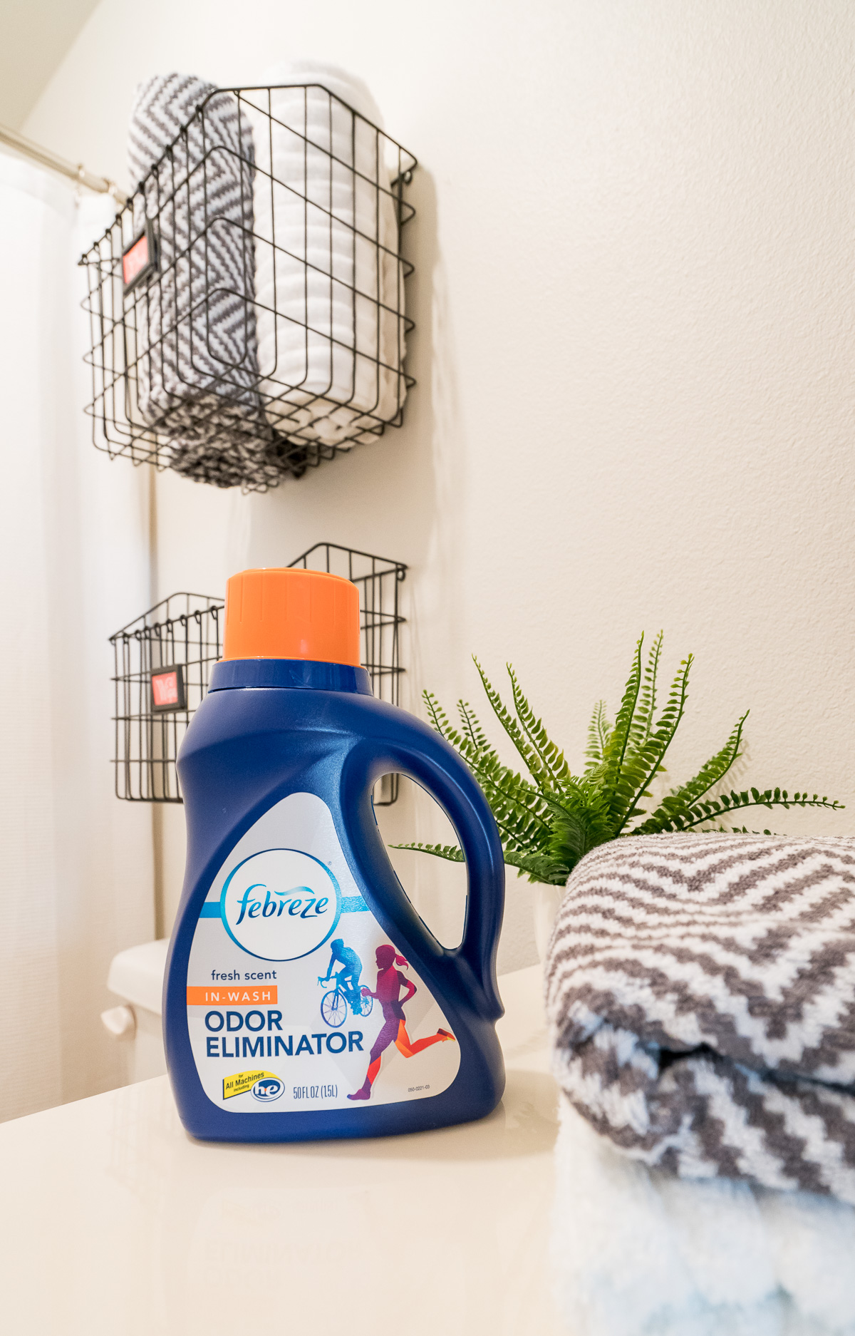 Use Febreeze In-Wash Odor Elimator to tackle must, mildew, pet smells and more! 