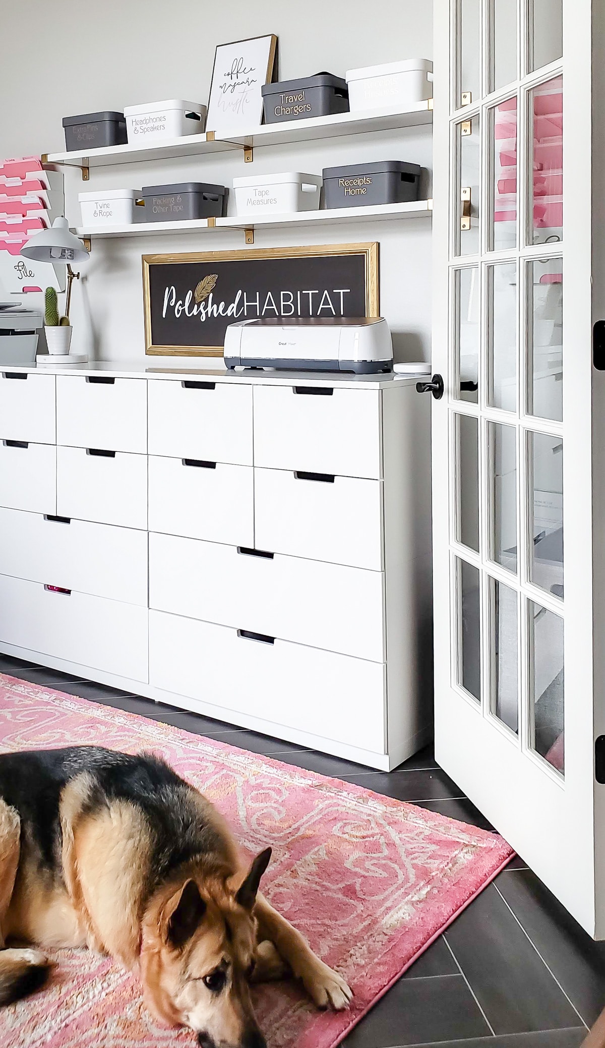 Feminine office with Cricut Maker on White Drawers