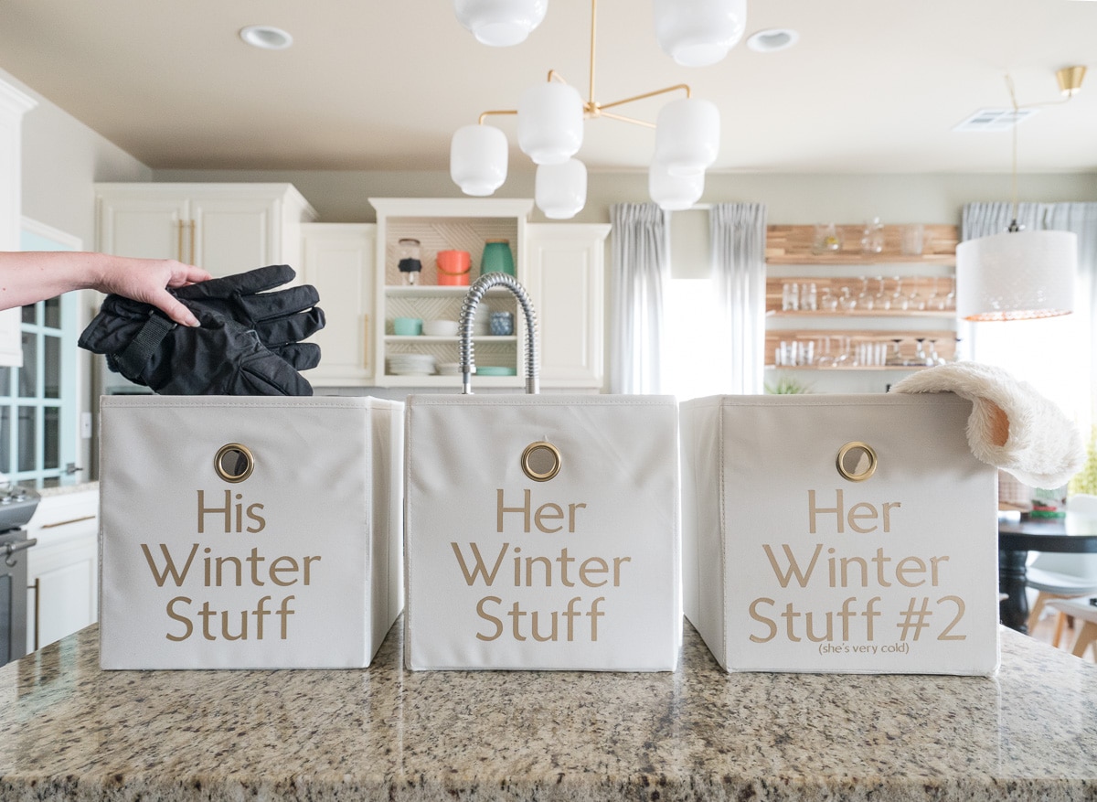 Fabric bins labeled for winter storage