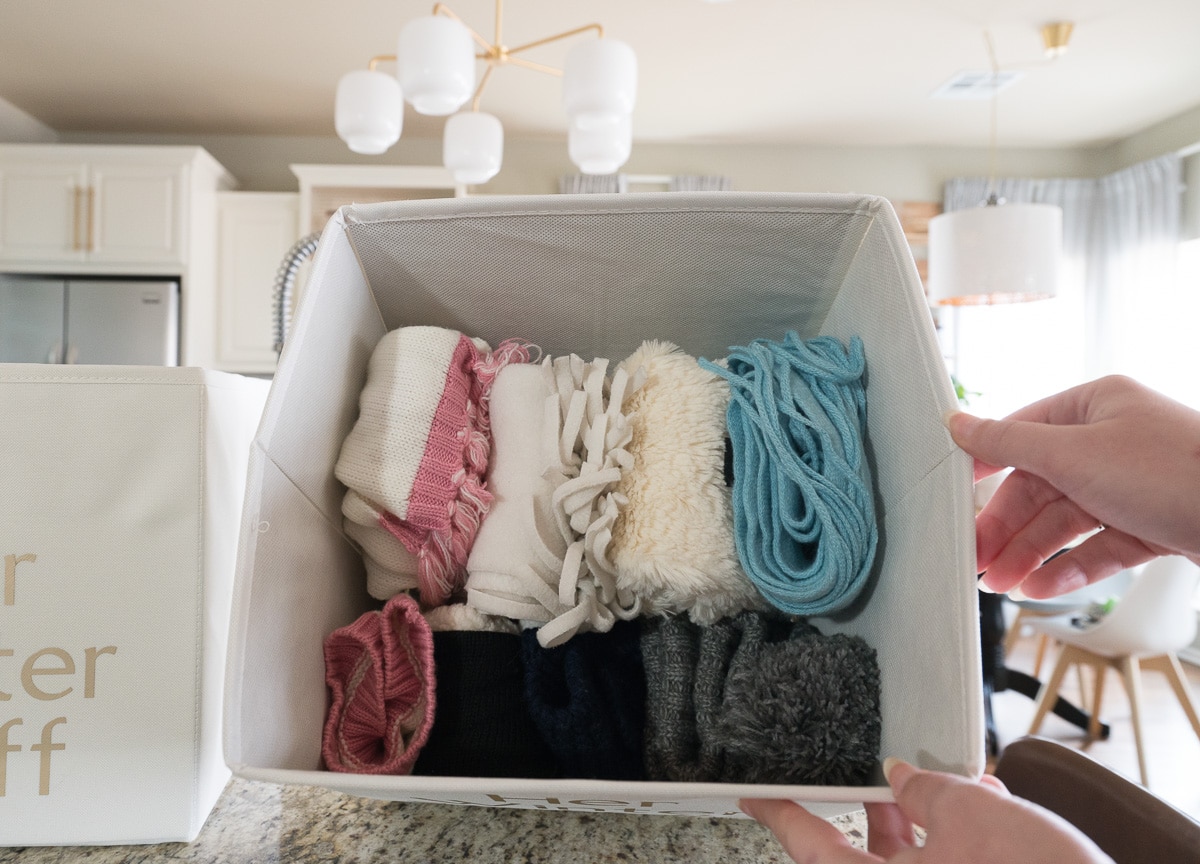 Winter scarf and hat storage in fabric bin | Cutting iron-on vinyl with Cricut Maker | How to Label Fabric Storage Bins