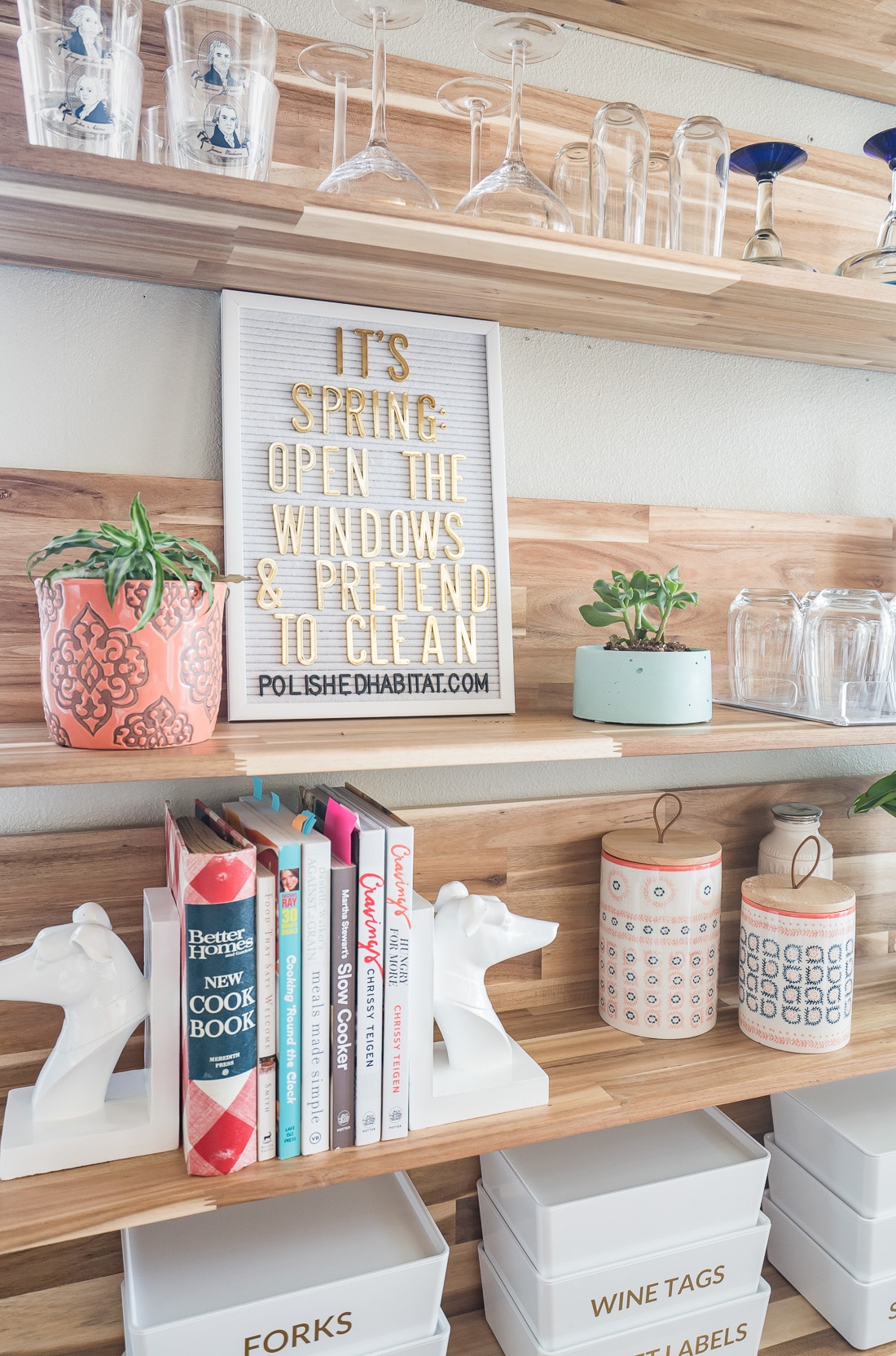 Wood shelves with white letterboard & kitchen decor