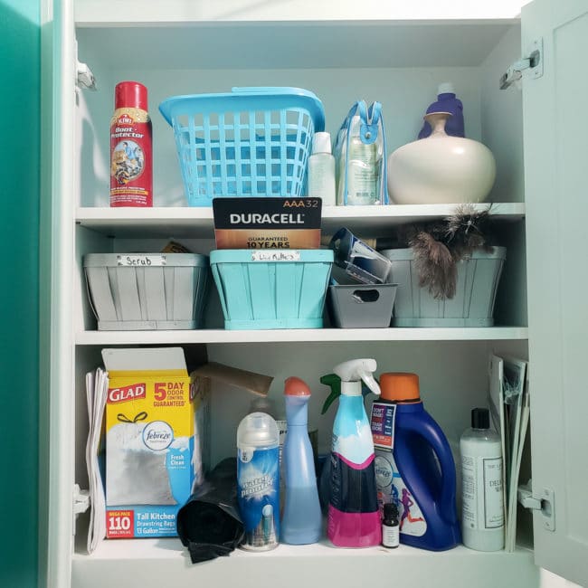 messy cabinet interior