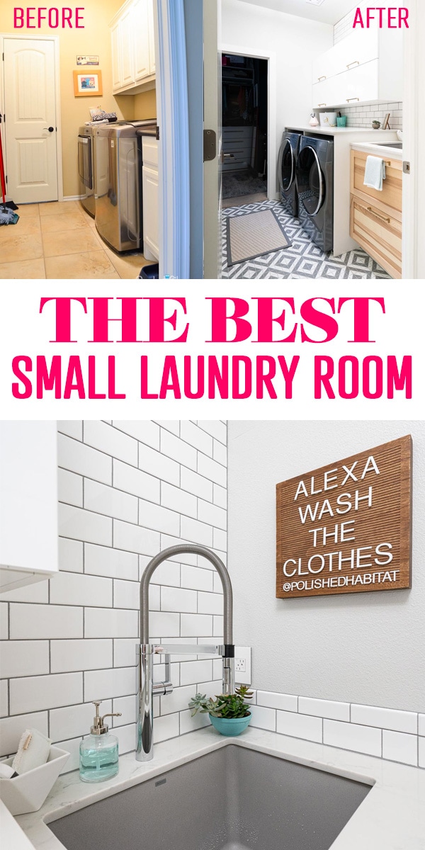 Small Laundry Room: White tile wall, gray washer dryer, wood cabinet and Blanco sink