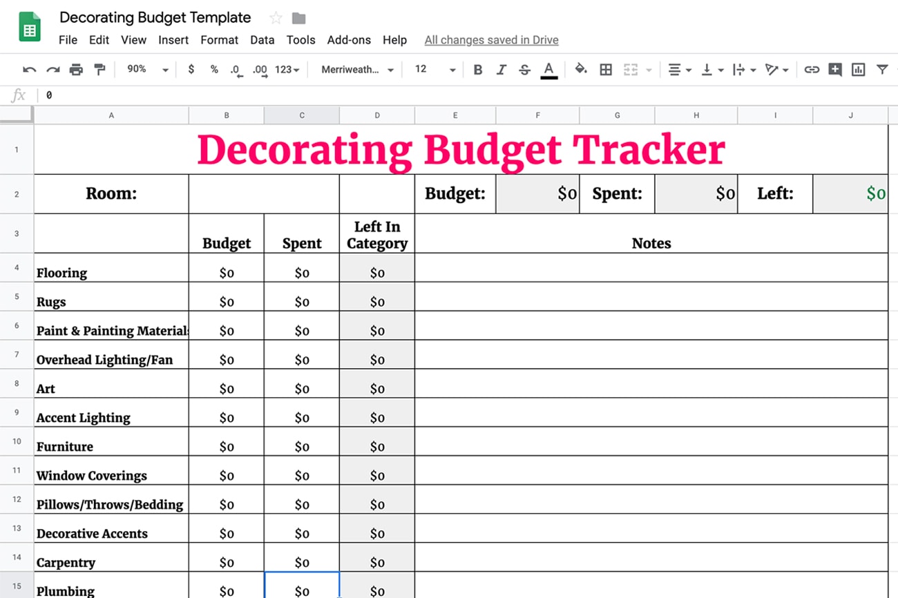 Decorating Budget Tracker in Google Sheets