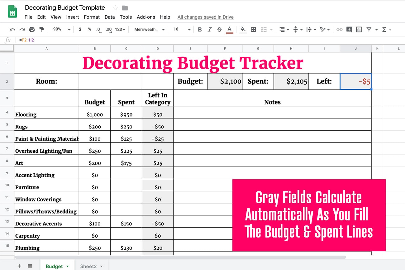 Decorating Budget Tracker in Google Sheets