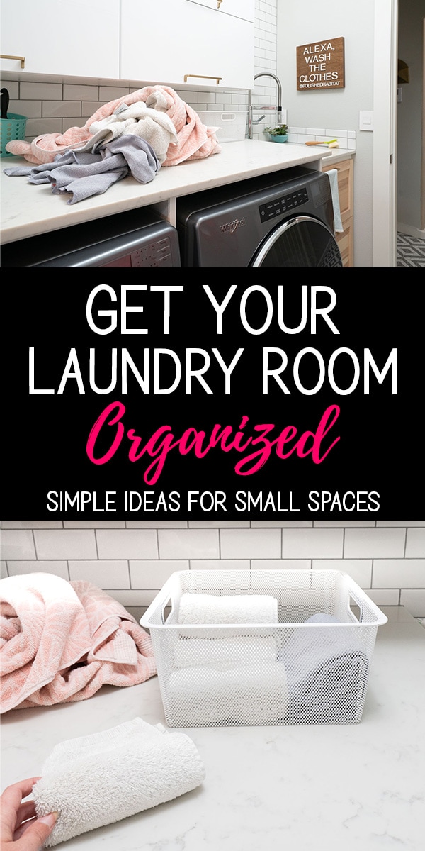 Text with Picture of white laundry room - Get your laundry room organized 