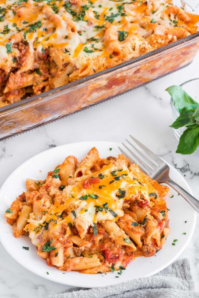 baked ziti on a white plate