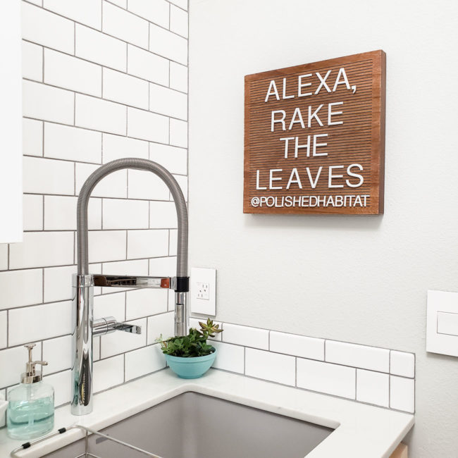 Fall wood letter board saying Alexa, Rake the Leaves