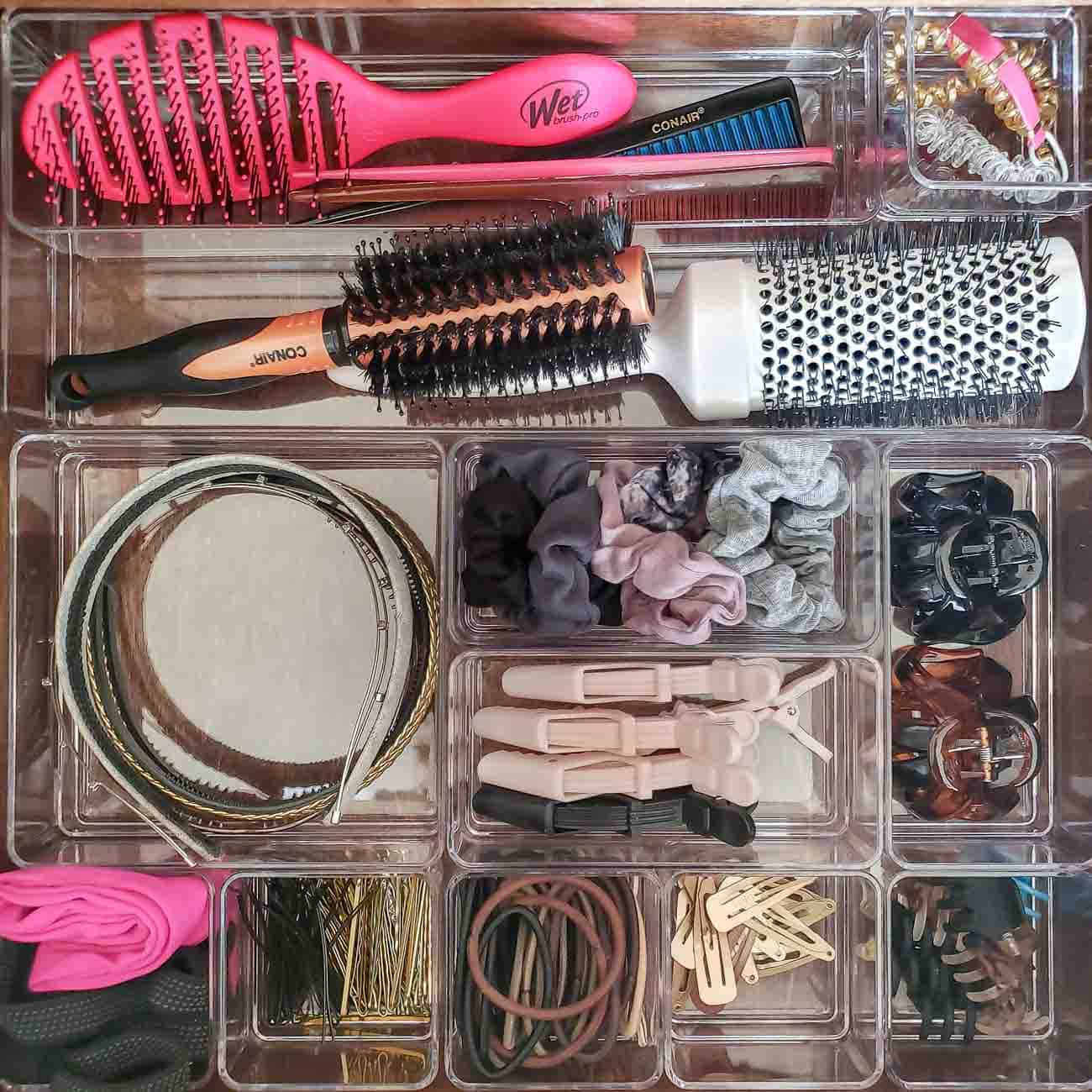 Bathroom drawer organization - hair supplies in clear containers