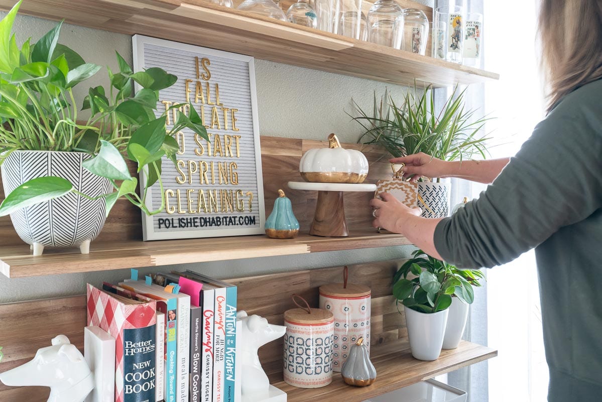 Fall decor on wood shelves