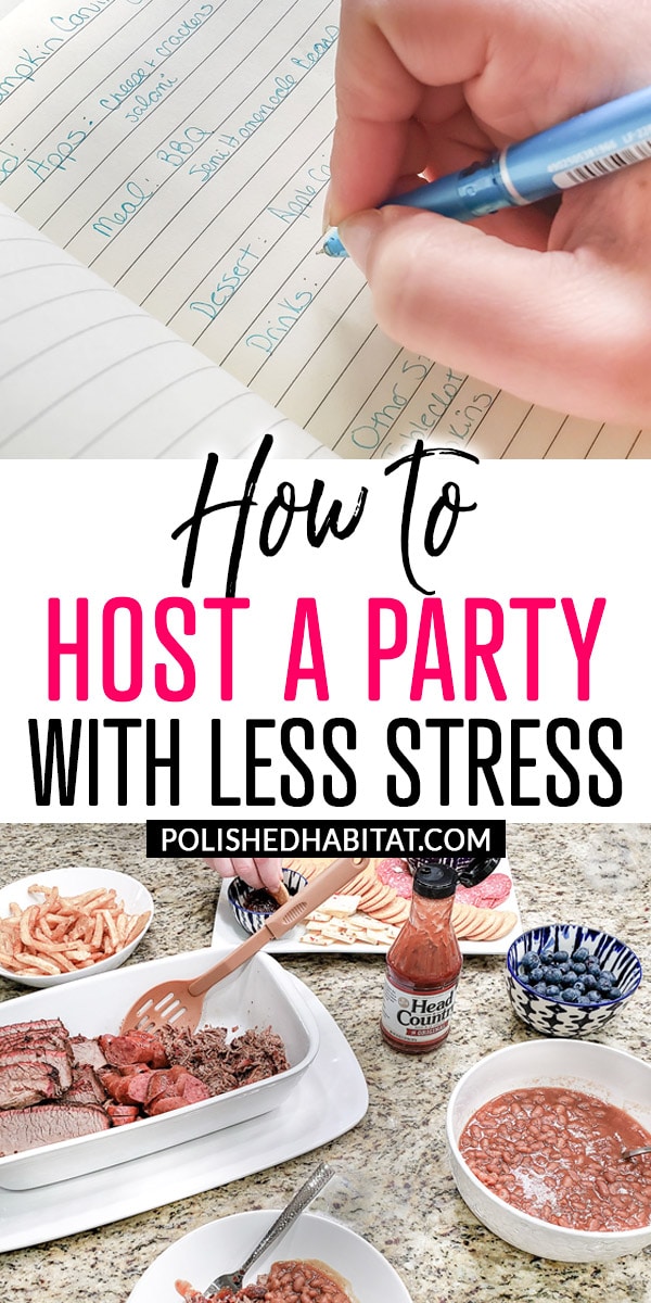 Text Image: How to Host a Party With Less Stress Image of notebook and food spread