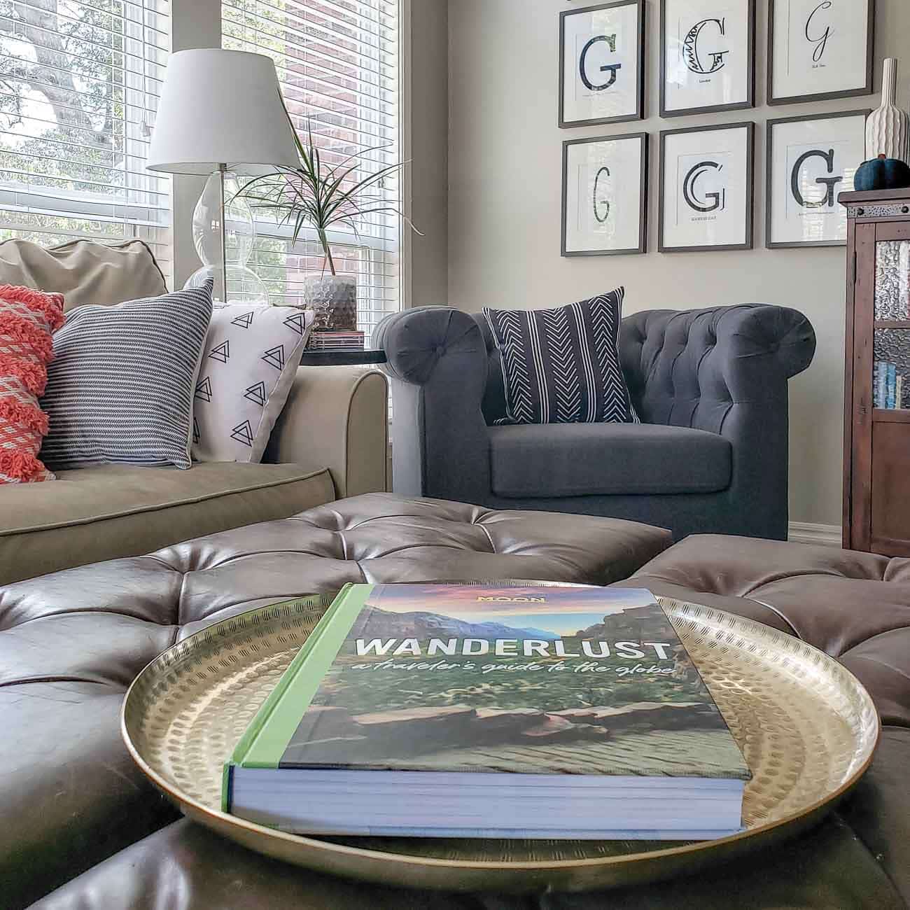 Living room witih leather ottomans & gold tray for coffee table books.