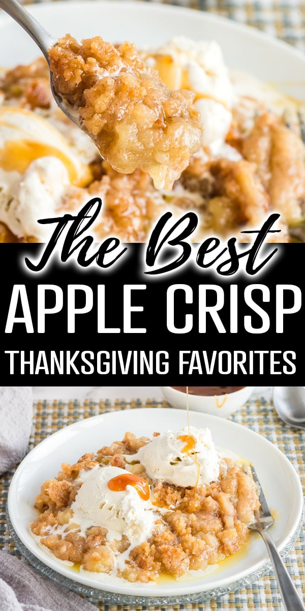 Two photos of Apple Crisp, one on a spoon and one in a bowl 