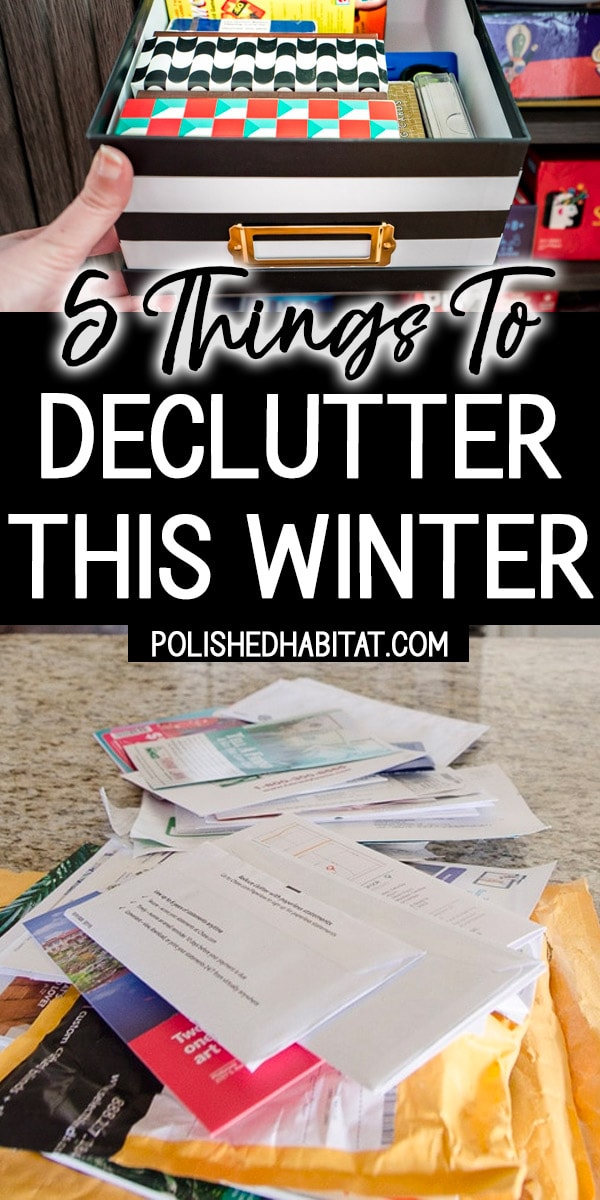 Cards games and messy mail with text overlay - 5 Things to Declutter This Winter