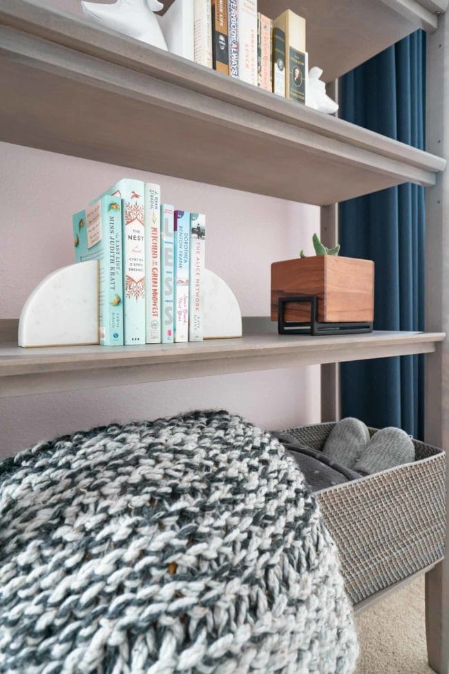 Grey MCM Bookcase staged in bedroom