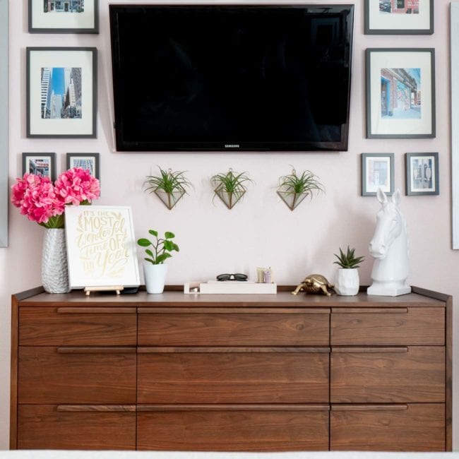 Wood MCM dresser in bedroom