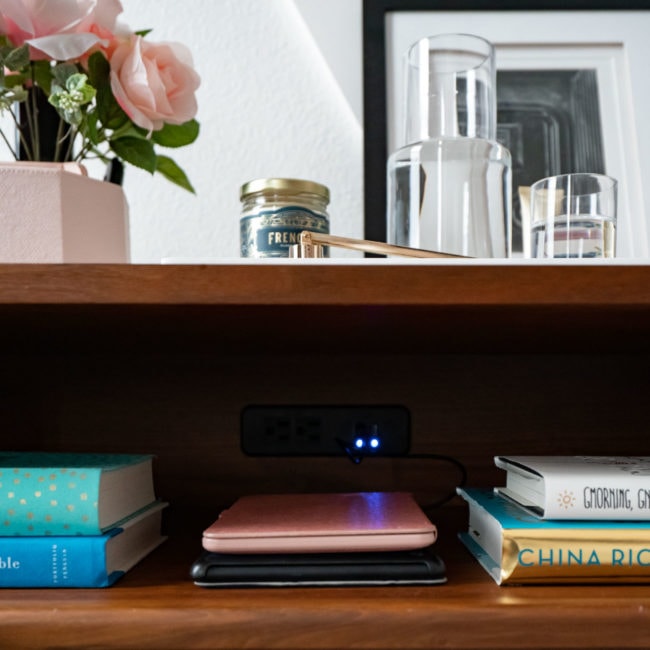 Closeup of nightstand with USB  ports