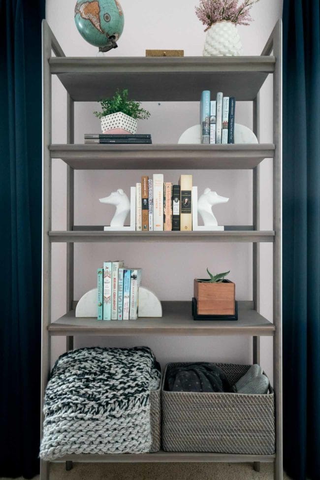 Grey MCM Bookcase staged in bedroom