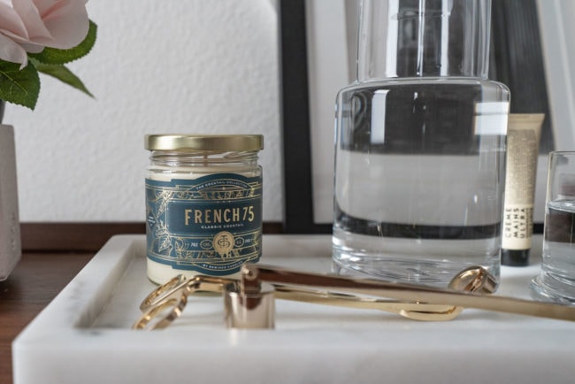 marble tray with water pitcher on nightstand