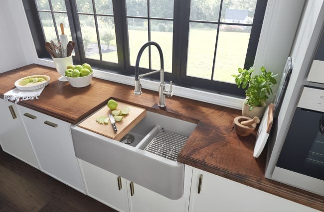 Gray Apron Front Sink, White cabinet & Wood Counters