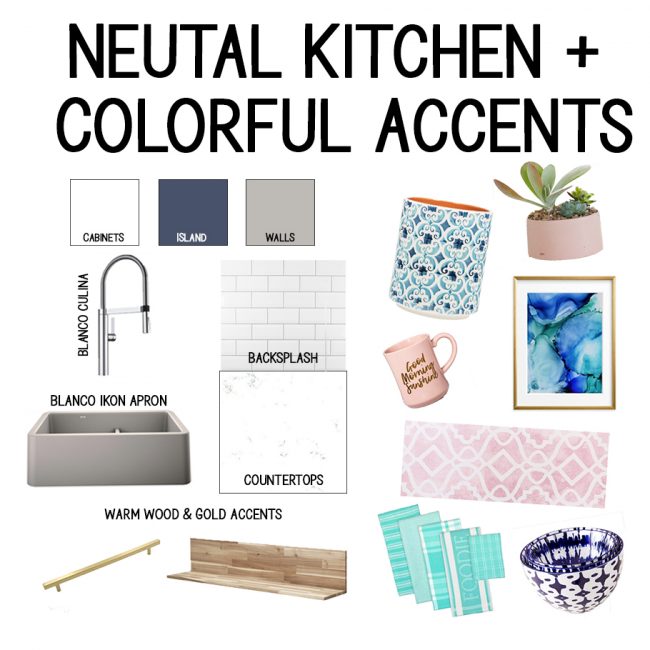 Kitchen Mood Board - Grey sink, white cabinets, wood and gold accents PLUS teal, pink, and navy accessories