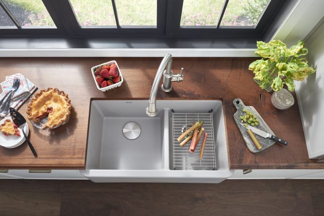 Gray Apron Front Sink, White cabinet & Wood Counters