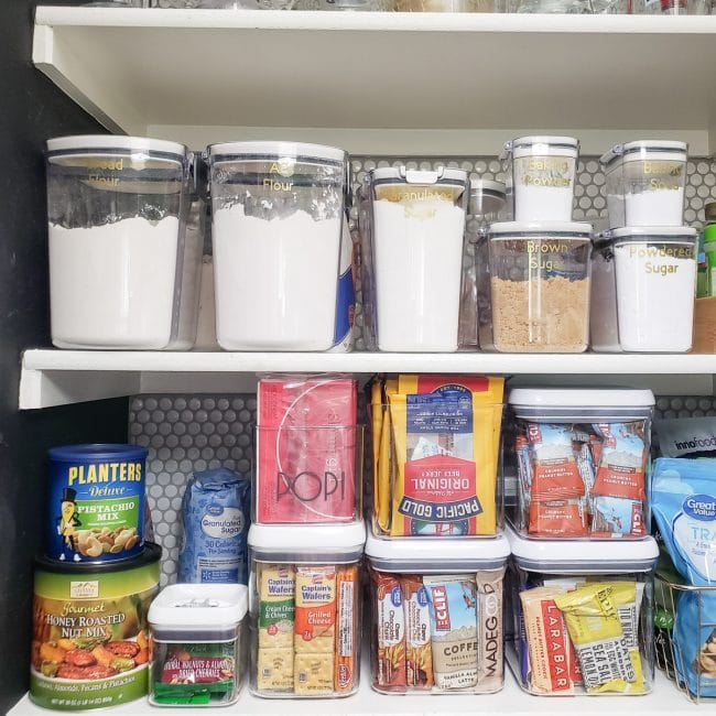 Organized Pantry Shelf with Baking Supply Containers & Snacks