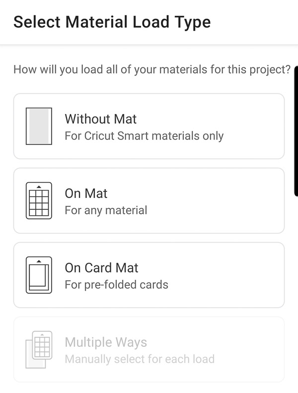 Designn Space App Screenshot showing options for loading material - Smart Materials with No Mat, On Mat, or Card Mat