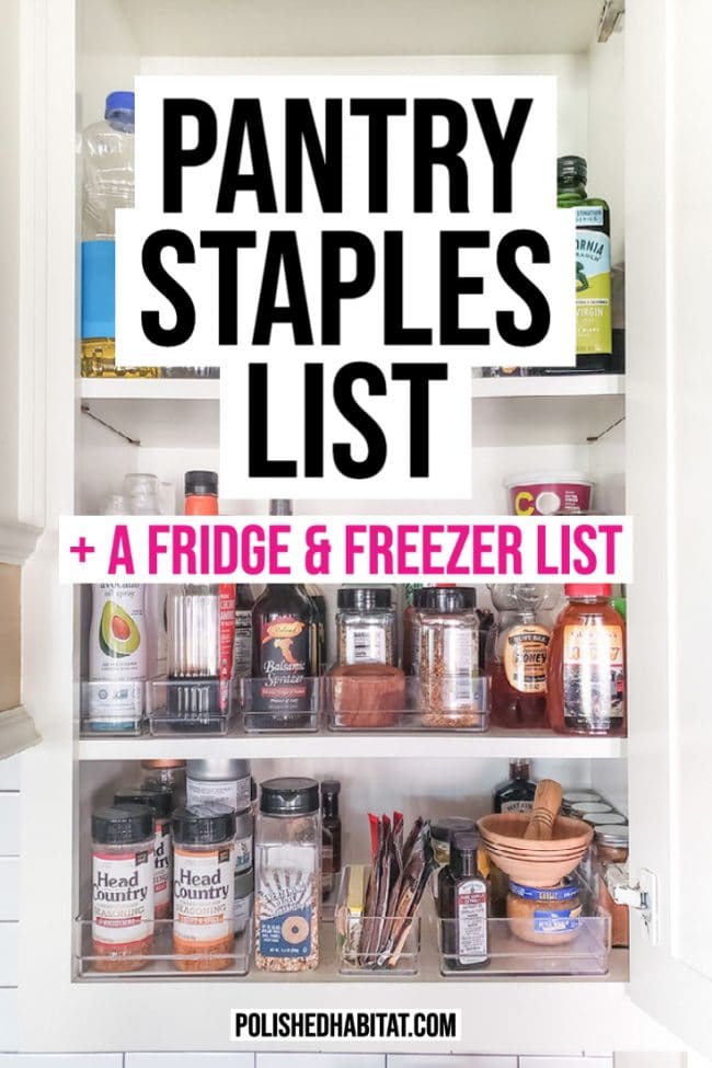 Text over image of open spice cabinet: Pantry Staples List