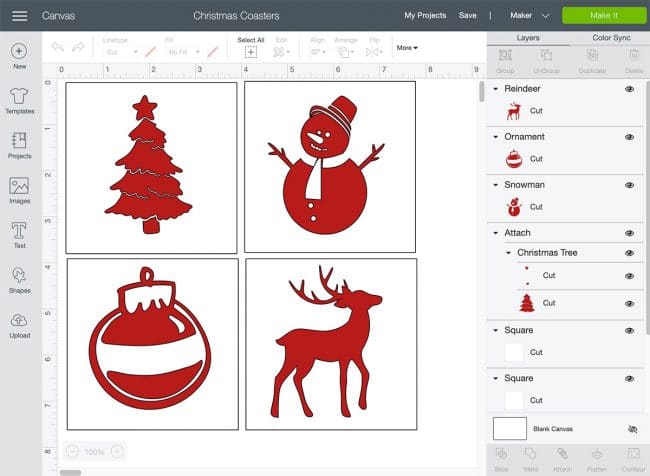 Screenshot of Cricut Design Space showing 4 red Christmas symbols in white boxes - tree, snowman, ornmanent, and a deet