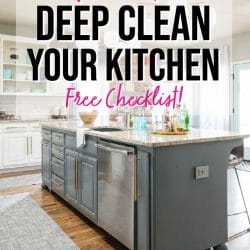 Image of dark gray kitchen island & wood floors with text overlay - How to Deep Clean Your Kitchen