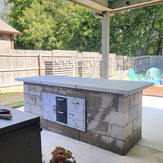 Back patio with cinder block island